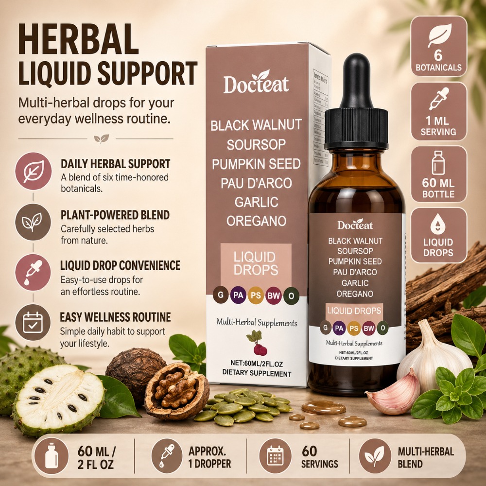 Herbal Wellness Liquid - Docteat Schwarznuss-Sauersop-Flüssigextrakt, Kürbiskern-Pau-D'Arco-Knoblauch-Oregano Kräuterergänzung, 60ml Tägliche